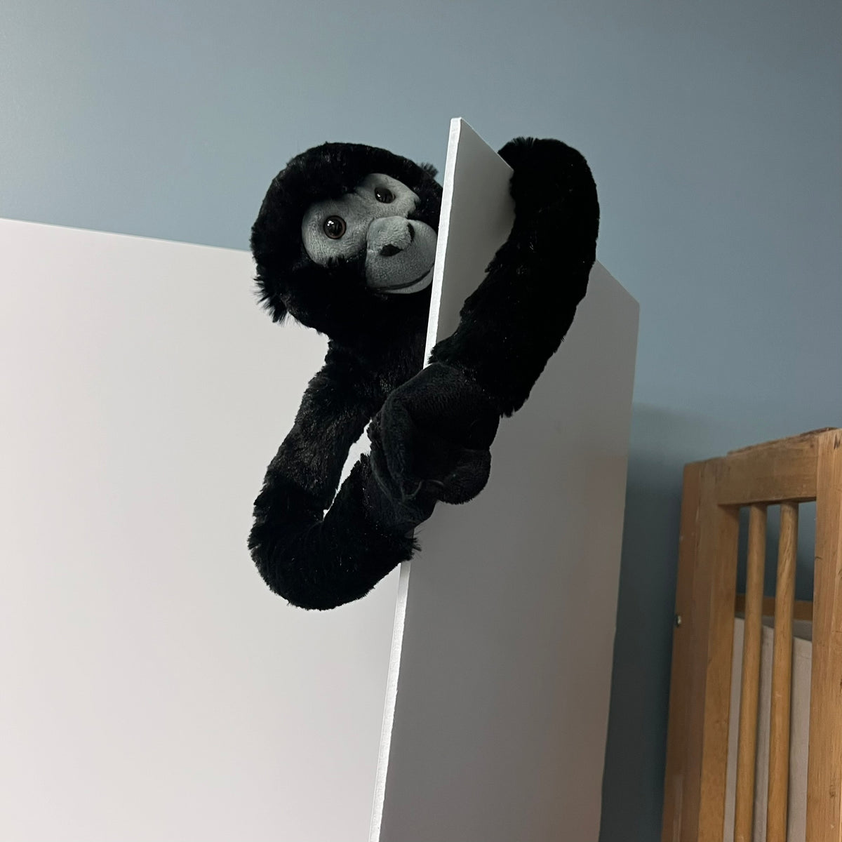 Black monkey plush toy peeking over a white surface with a gray wall in the background