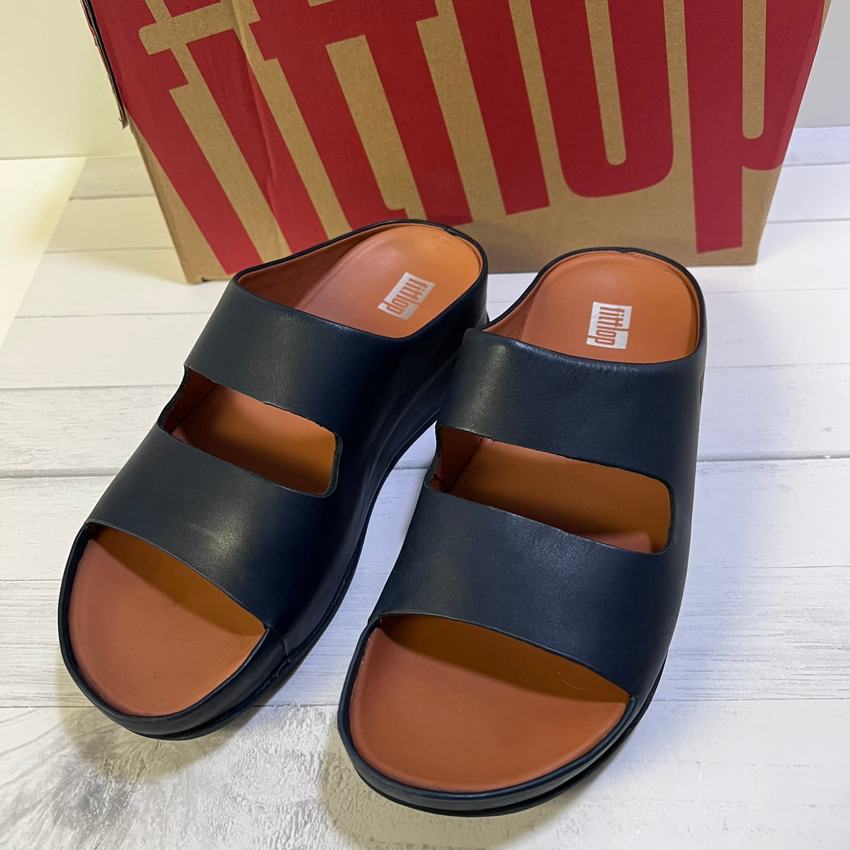 FitFlop Shuv Two Bar Leather Slides Stone Beige Women's Size 6