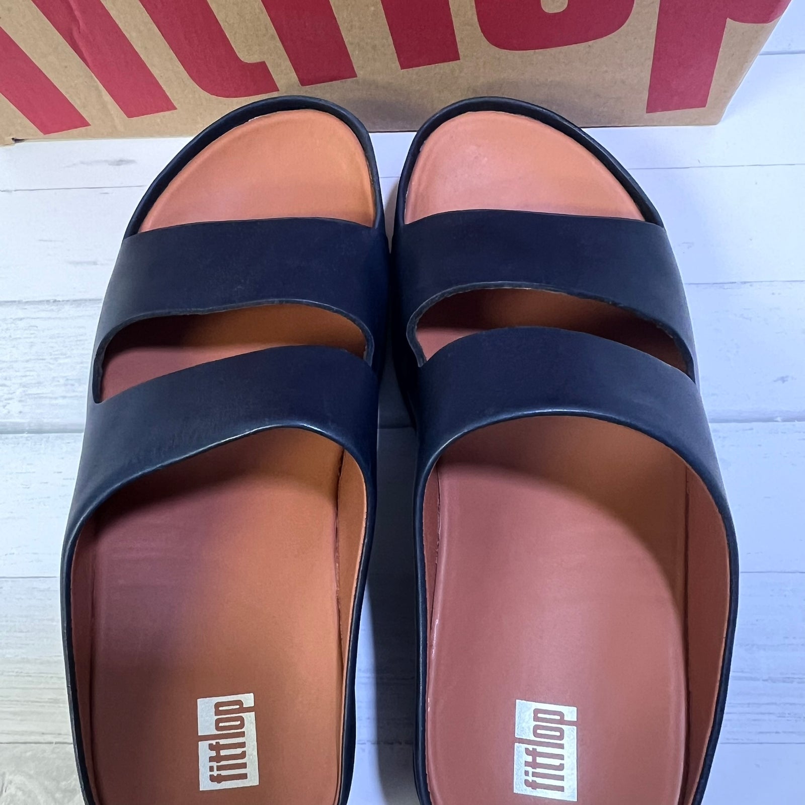 FitFlop Shuv Two Bar Leather Slides Stone Beige Women's Size 6
