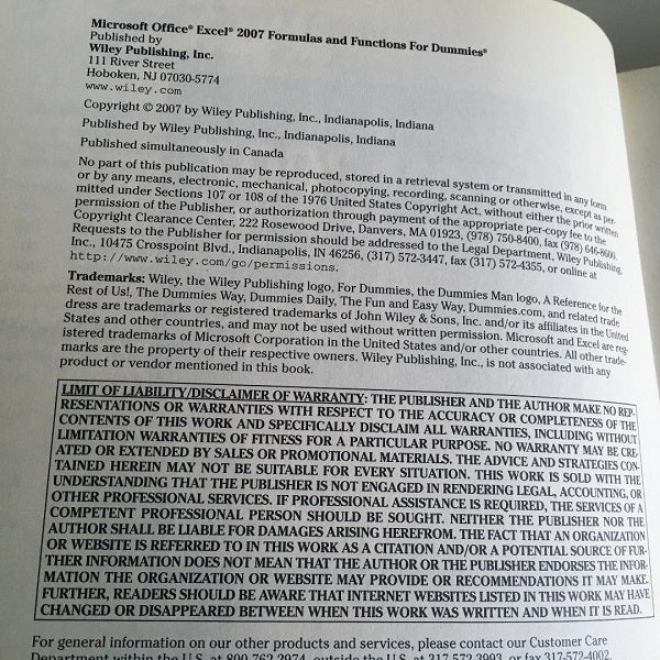 Microsoft Office Excel 2007 Formulas & Functions For Dummies Paperback Book