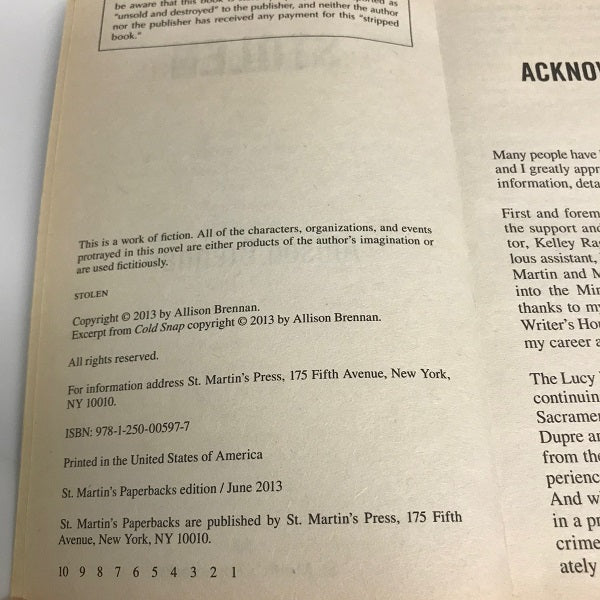 Allison Brennan Stolen Paperback Novel