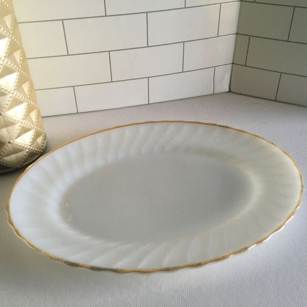 Anchor Hocking 13" White Milk Glass Oval Platter with Gold Trim