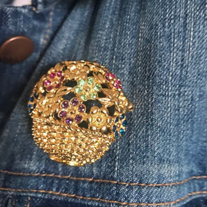 Vintage Anne Klein AK Gold Tone Flower Basket Brooch Colorful Rhinestones