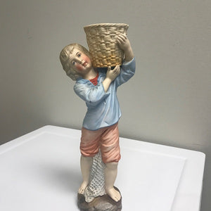Antique Bisque Boy Figurine with Basket and Net 12 Inches