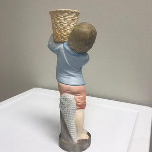 Antique Bisque Boy Figurine with Basket and Net 12 Inches
