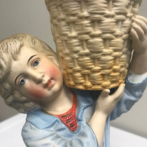 Antique Bisque Boy Figurine with Basket and Net 12 Inches