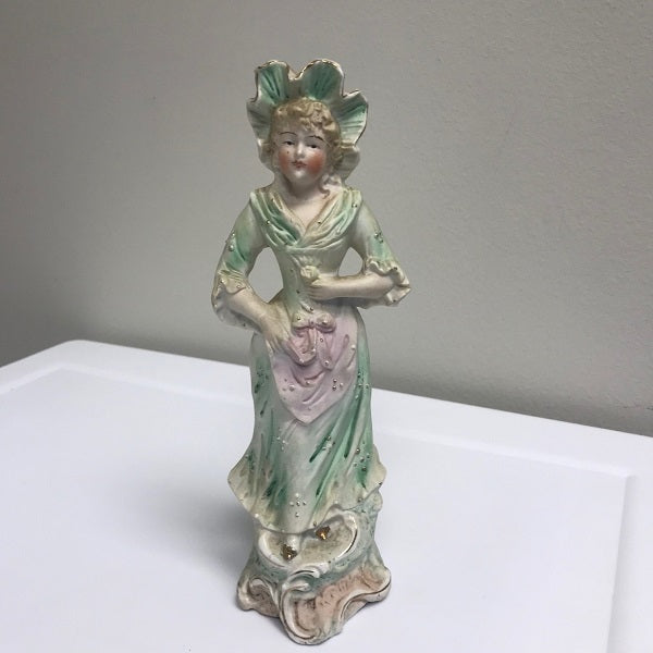 Antique Bisque Porcelain Lady Figurine Green Dress - Chickenmash Farm
