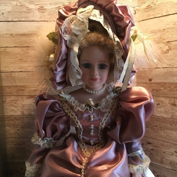 porcelain doll pink dress Vintage elegant in Audrey Porcelain Doll Purple Dress