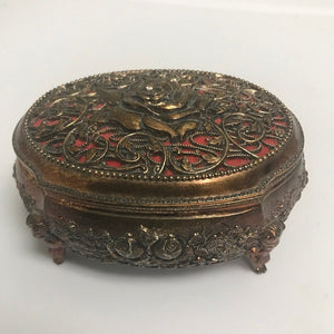 Vintage Bronze Toned Footed Jewelry Box Rose Design