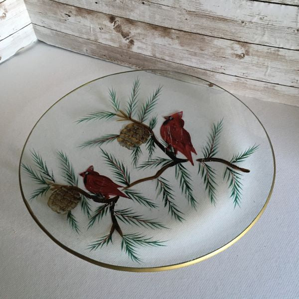 Clear Glass 13" Serving Platter Hand Painted Cardinals Bird Design