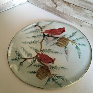Clear Glass 13" Serving Platter Hand Painted Cardinals Bird Design