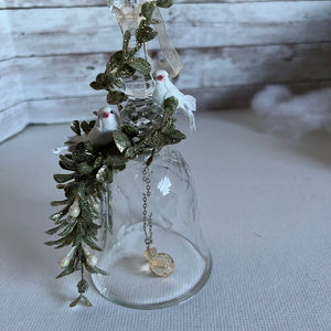 Clear Plastic Bell Christmas Tree Ornament with Doves and Floral Spray