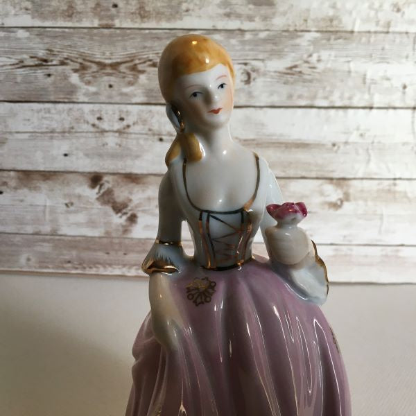 Vintage Porcelain Woman Figurine In Pink Dress Gold Tone Accents