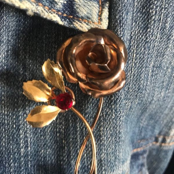 Dorsons Gold Filled Pin Rose Flower With Red Rhinestones Signed Brooch