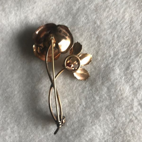 Dorsons Gold Filled Pin Rose Flower With Red Rhinestones Signed Brooch