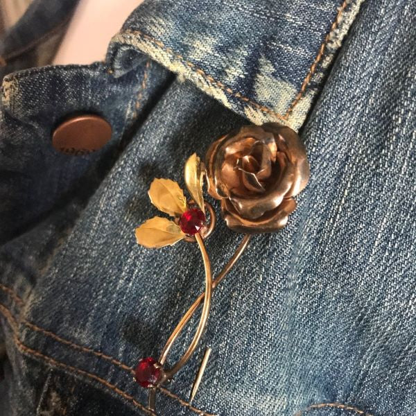 Dorsons Gold Filled Pin Rose Flower With Red Rhinestones Signed Brooch