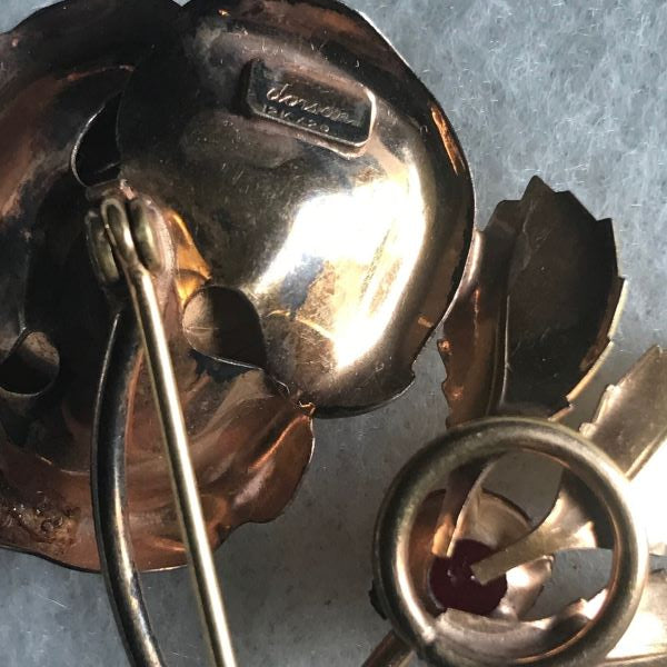 Dorsons Gold Filled Pin Rose Flower With Red Rhinestones Signed Brooch