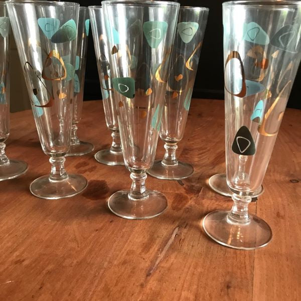 Vintage Federal Amoeba Boomerang Turquoise Pilsner Glasses Set Of 8