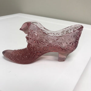 Fenton Iridescent Pink Glass Daisy and Button Cat Head Slipper Shoe