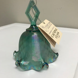 Fenton Spruce Green Carnival Glass Ruffled Bell Diamond Handle