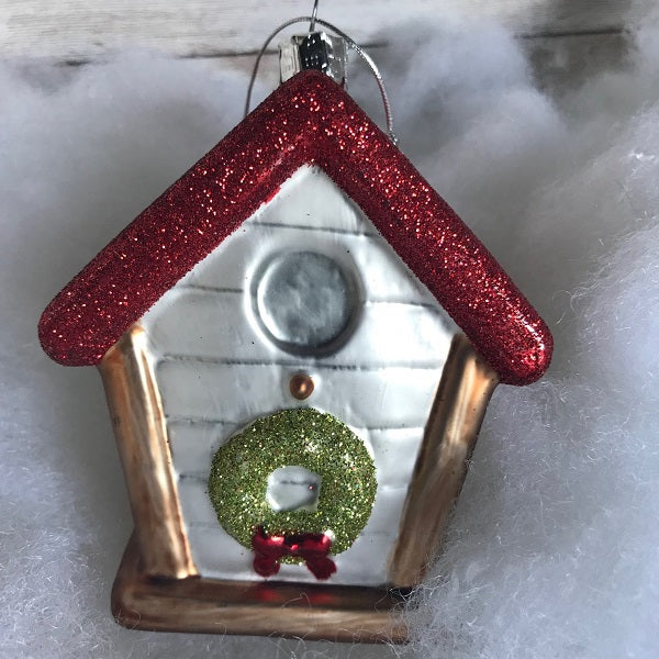 Glass Birdhouse Christmas Ornament With Wreath