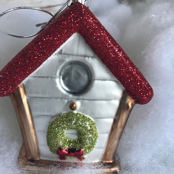 Glass Birdhouse Christmas Ornament With Wreath