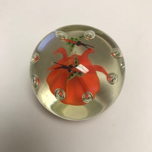 Glass Round Paperweight With Orange Flower