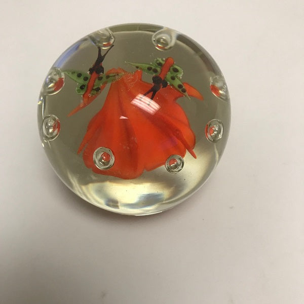 Glass Round Paperweight With Orange Flower