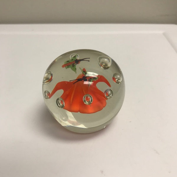 Glass Round Paperweight With Orange Flower