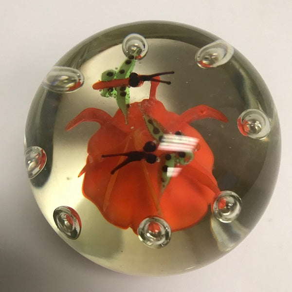 Glass Round Paperweight With Orange Flower