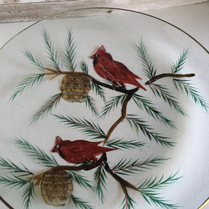 Clear Glass 13" Serving Platter Hand Painted Cardinals Bird Design