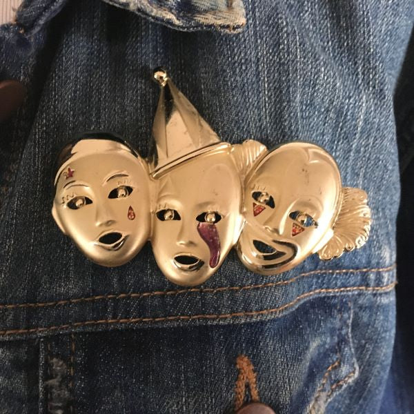 Vintage Gold Tone Trio Clown Brooch Three Clowns Circus Brooch