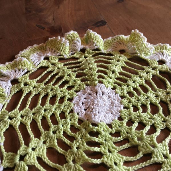 Handmade Green and White Round Doily 9.5" Crocheted Doily