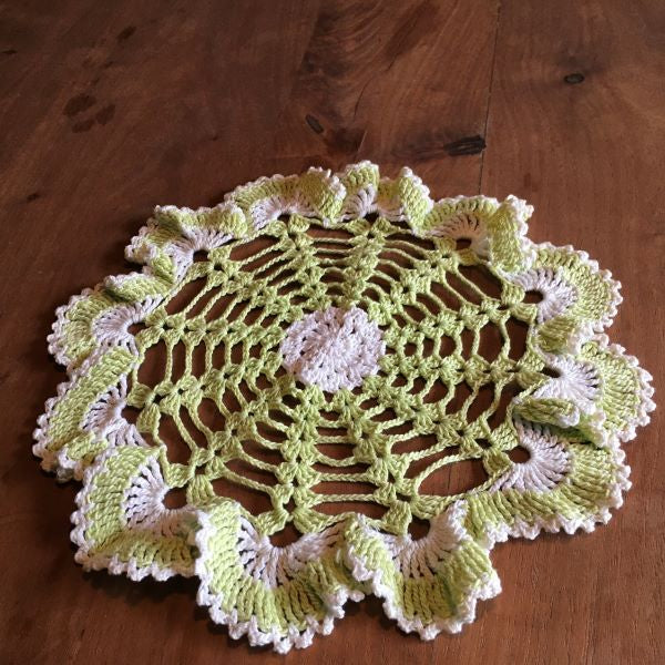 Handmade Green and White Round Doily 9.5" Crocheted Doily