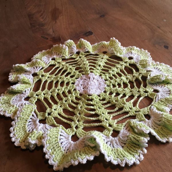 Handmade Green and White Round Doily 9.5" Crocheted Doily