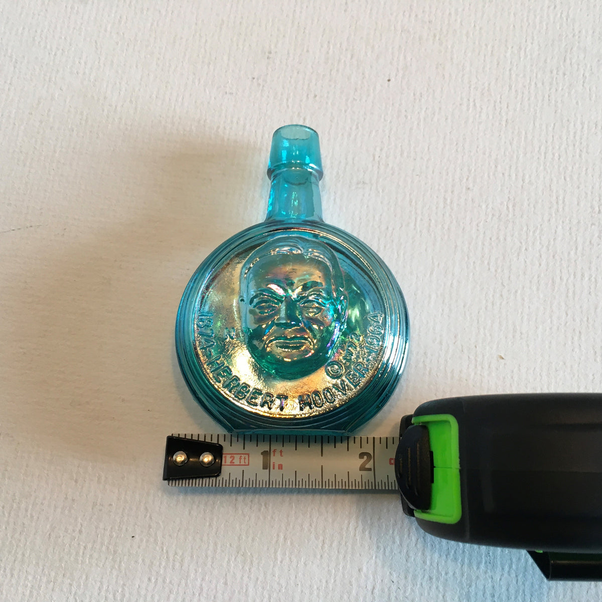 Herbert Hoover Mini Blue Carnival Glass Bottle