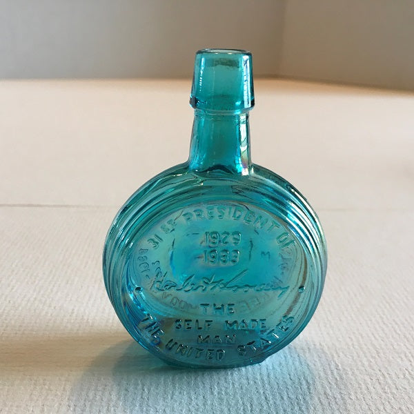 Herbert Hoover Mini Blue Carnival Glass Bottle
