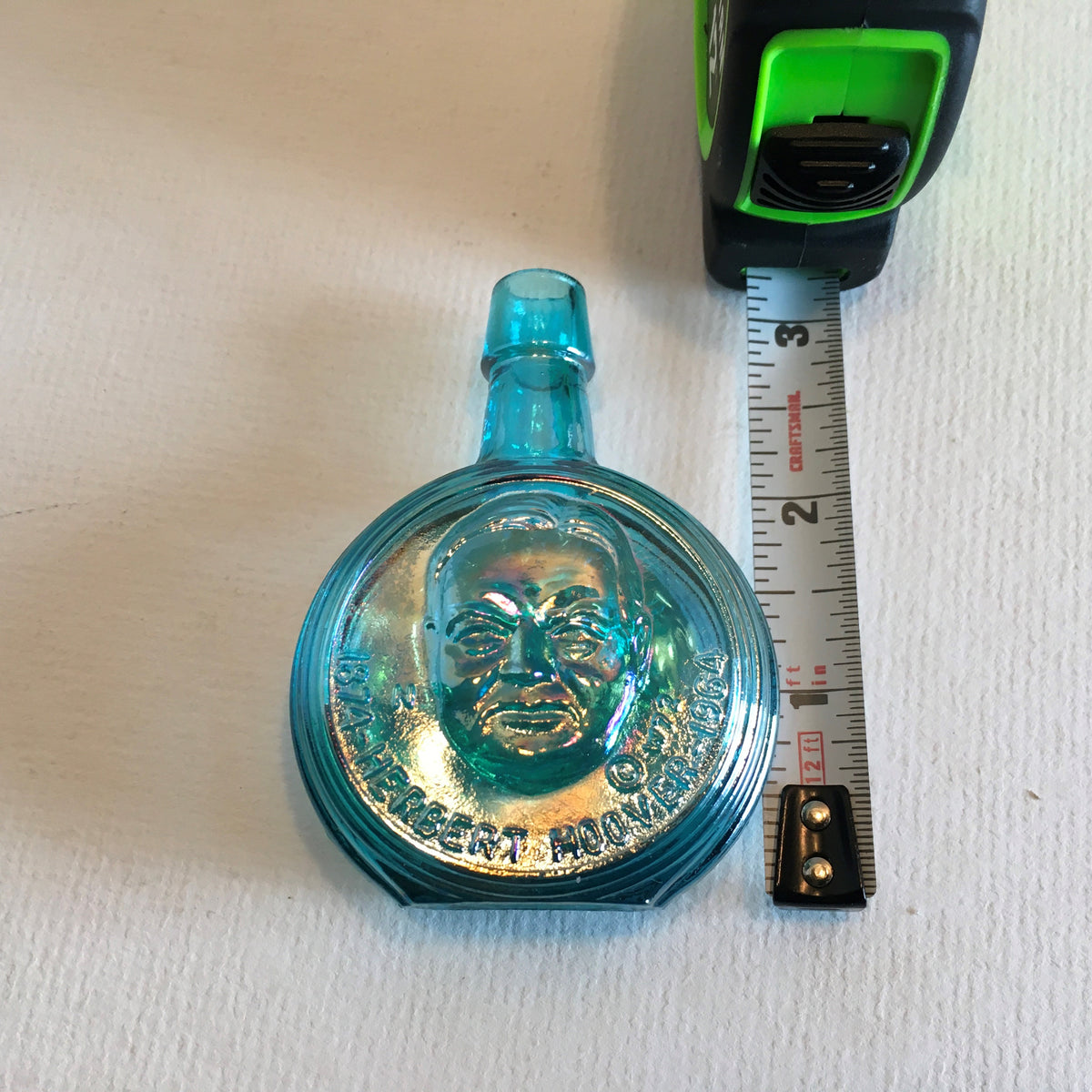Herbert Hoover Mini Blue Carnival Glass Bottle
