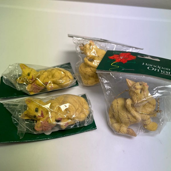 Holiday Cat Ornament Lot of 4 Hand Painted Yellow Striped Cat Ornaments