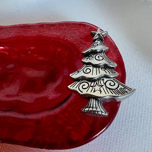Red Glass Christmas Server Butter Dish with Christmas Tree Spreader