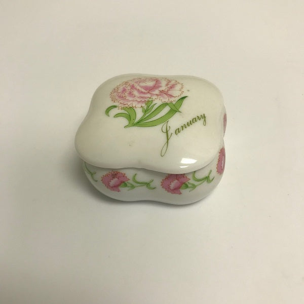 January Ceramic Trinket Box Made in Japan Pink Flowers