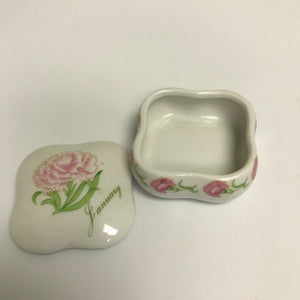 January Ceramic Trinket Box Made in Japan Pink Flowers