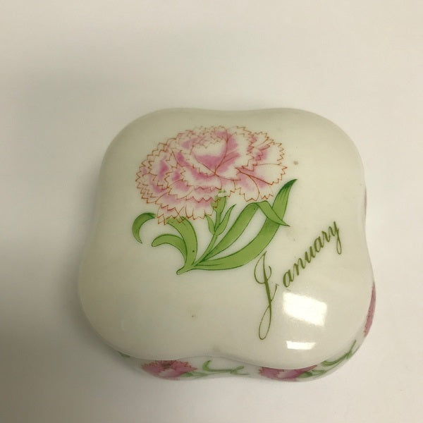 January Ceramic Trinket Box Made in Japan Pink Flowers