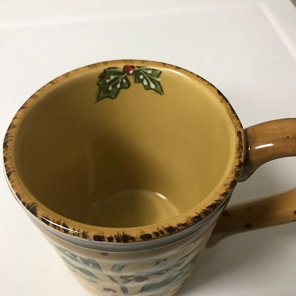 Seasons Greeting Holly Berry Coffee Mug Ceramic Tan Brown 4.25 Inch