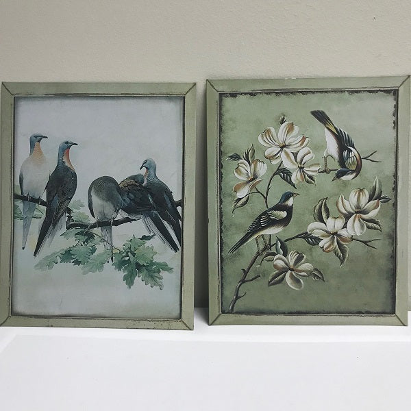 Metal Wall Art Bird Scene Set of Two 10inx7.5in Olive Green