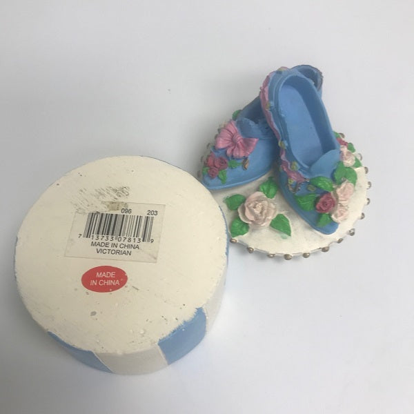 Miniature Collectible Resin Trinket Box With Resin Victorian Shoes On Top