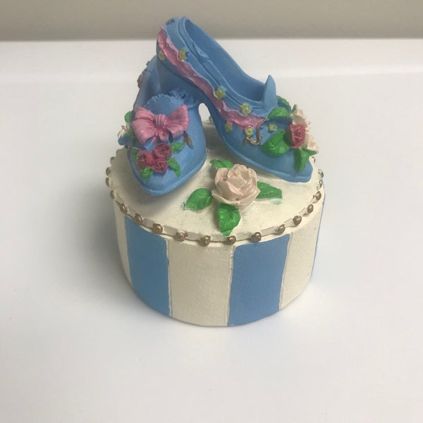 Miniature Collectible Resin Trinket Box With Resin Victorian Shoes On Top