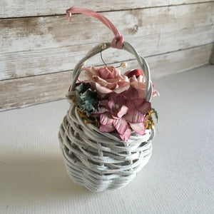 Miniature White Wicker Basket With Flowers Ornament 