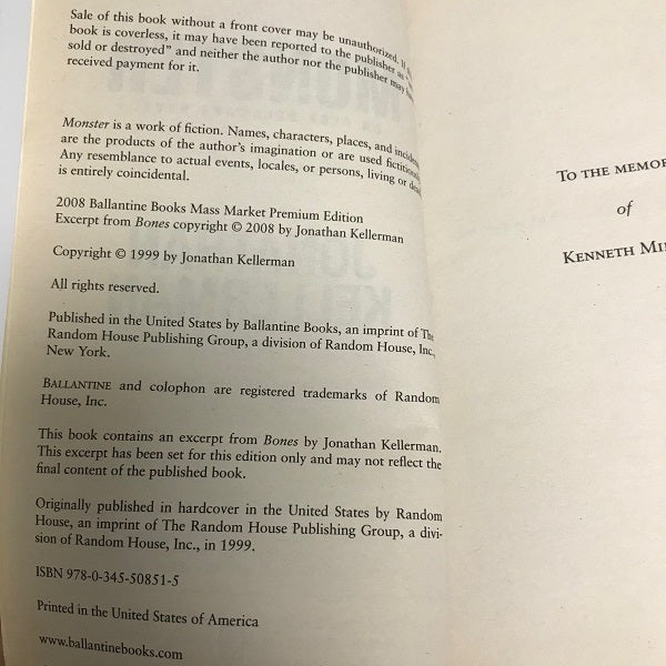 Monster A Novel by Jonathan Kellerman Paperback Book