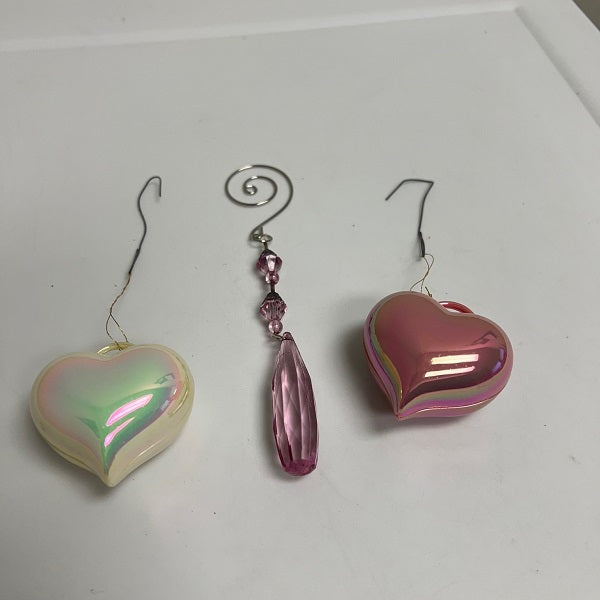 Pink Ornaments Heart Shaped Ornaments Pink Beads Lot of 3